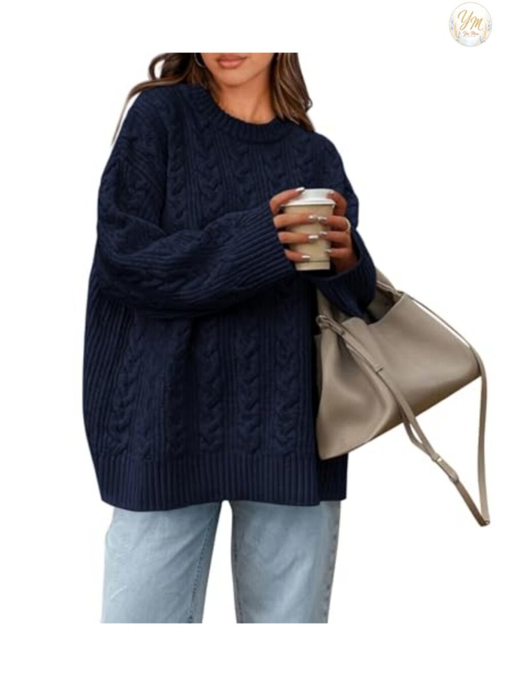 Oversized Cable Knit Crewneck Sweater Chunky Pullover
